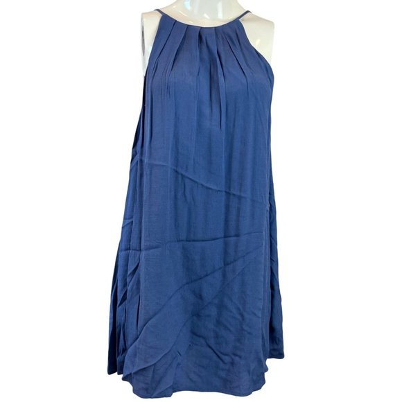 Lush Women Pleated Halter Neck Mini Dress Back Key Hole Sleeveless Blue Size M - Picture 1 of 6